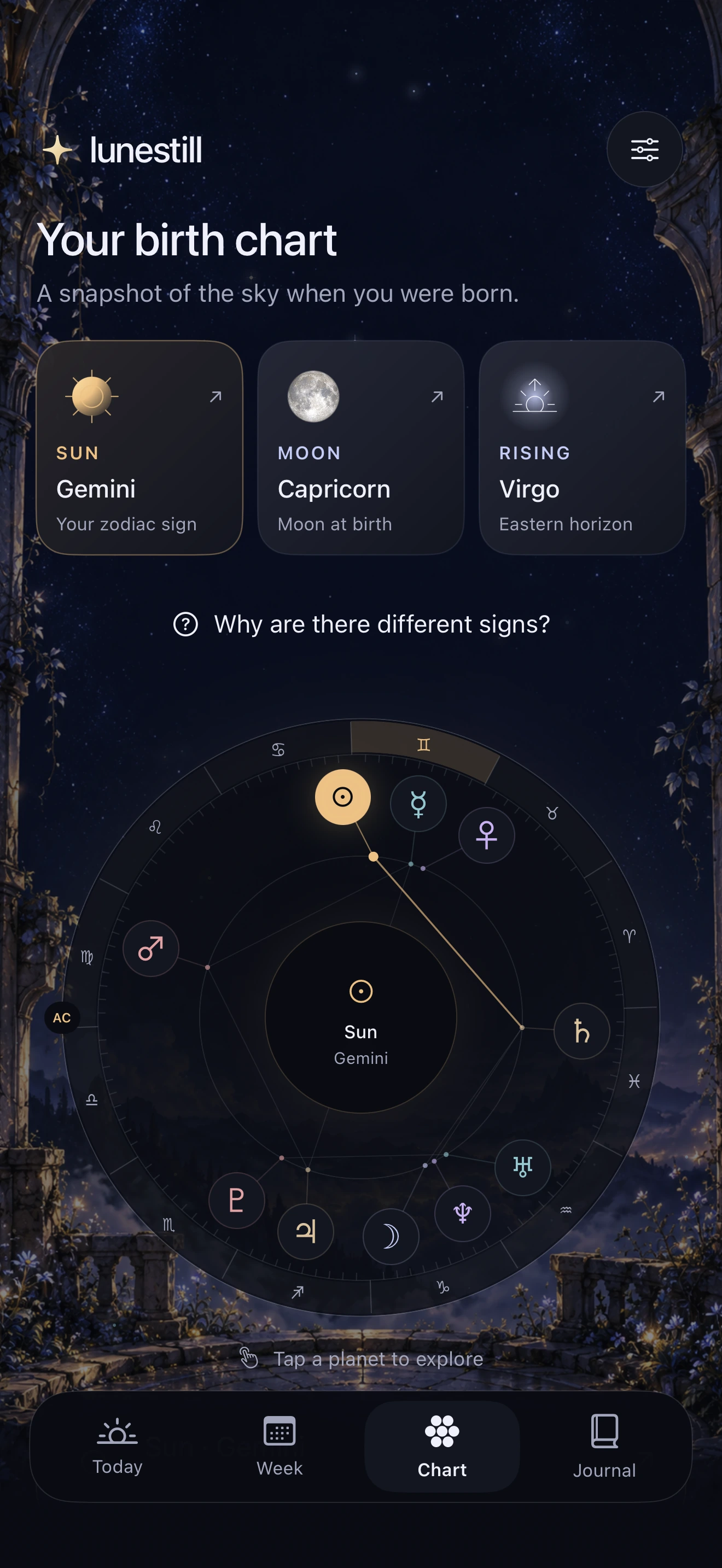 Chart in Lunestill: sample Gemini Sun, Capricorn Moon and Virgo Rising, with the detailed interactive birth-chart wheel.